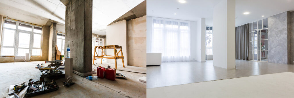 Wohnungsrenovierung, leerer Raum vor und nach Renovierung