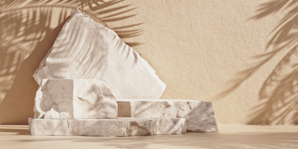 Premium-Podium aus Natursteinplatten an einer braunen Wand, 3D-Darstellung