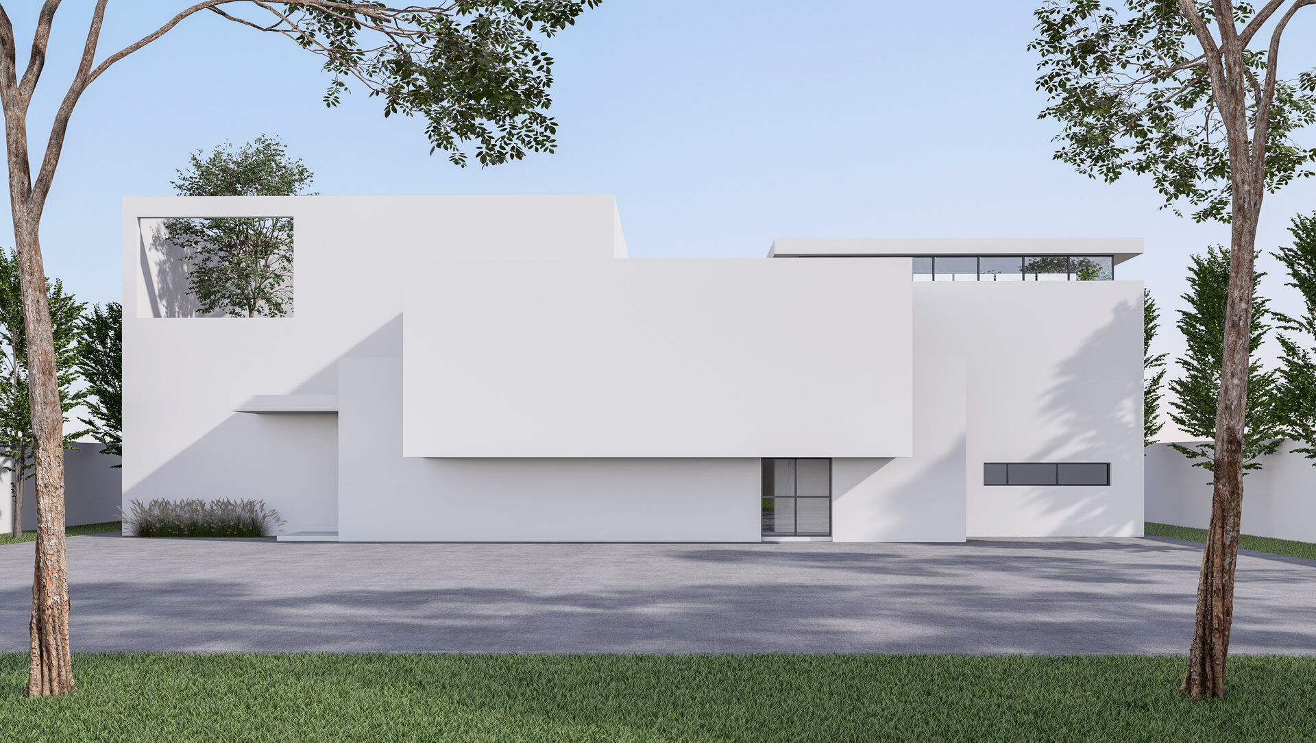 Minimalistisches modernes Haus, außen mit Betonzäunen, 3D-Darstellung.