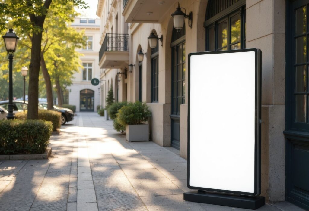 Schaukasten mit LED-Beleuchtung auf Gehweg vor Gebaeude in urbaner Umgebung